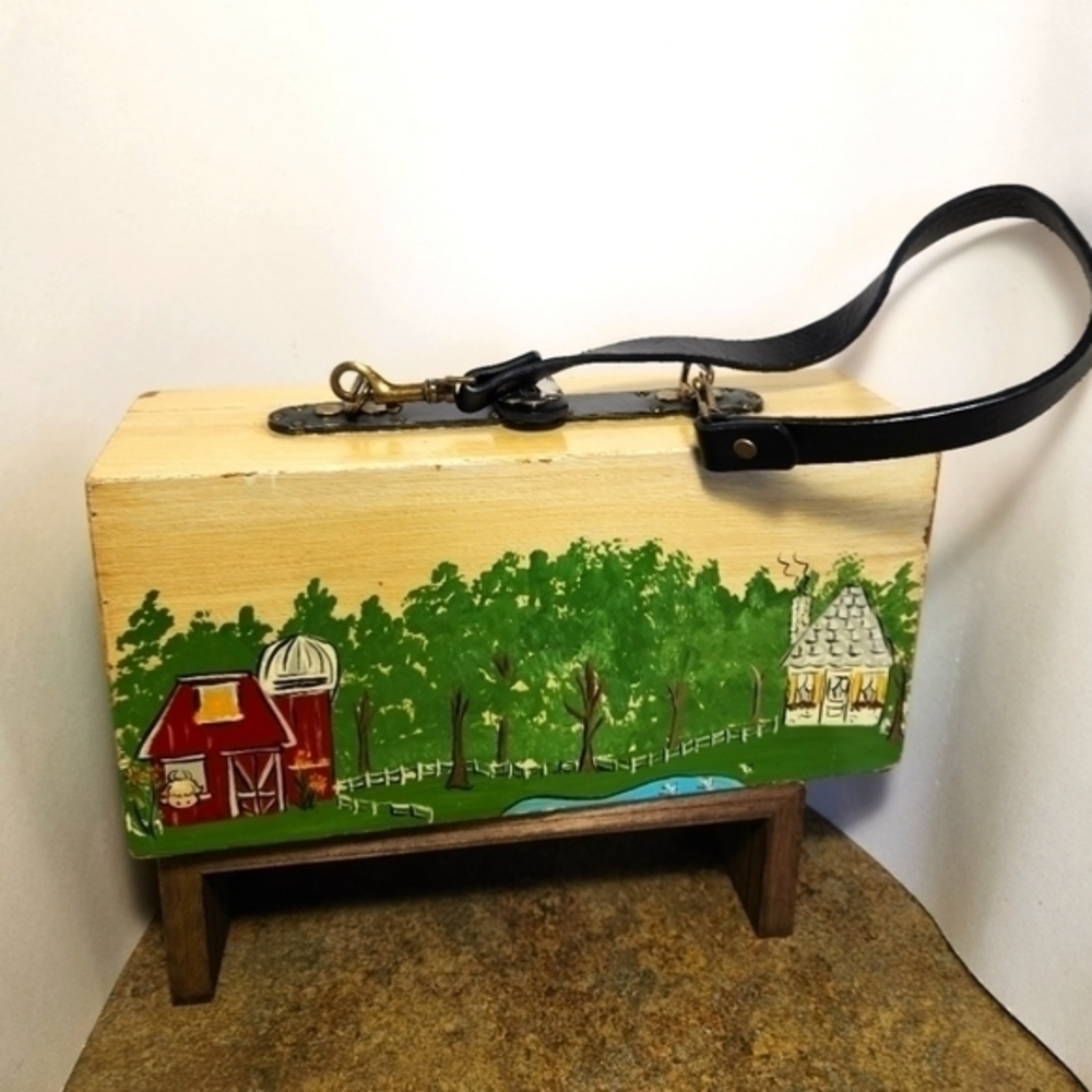 Wooden Leather Box Purse‎ Vintage Hand Painted Cozy Cottage Folksy Artsy Art